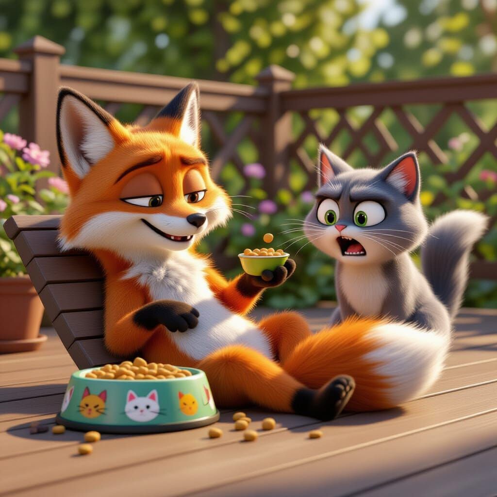 Smug Fox Stealing Food: A Pixar-style Cartoon