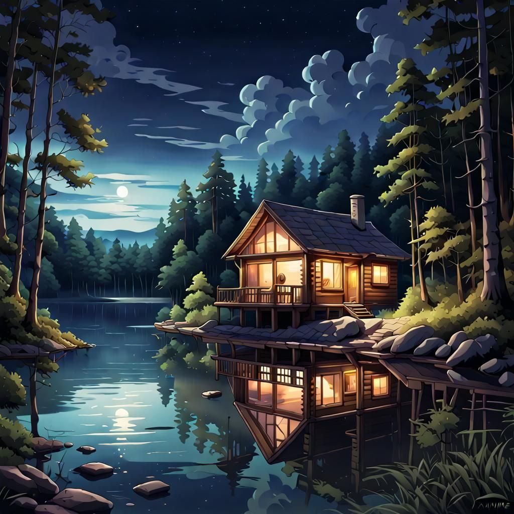 Cartoon Cabin on Lake at Night in Anime Style