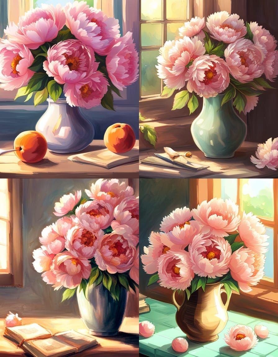 Apricot Peonies in Anime Style, Ghibli-Inspired