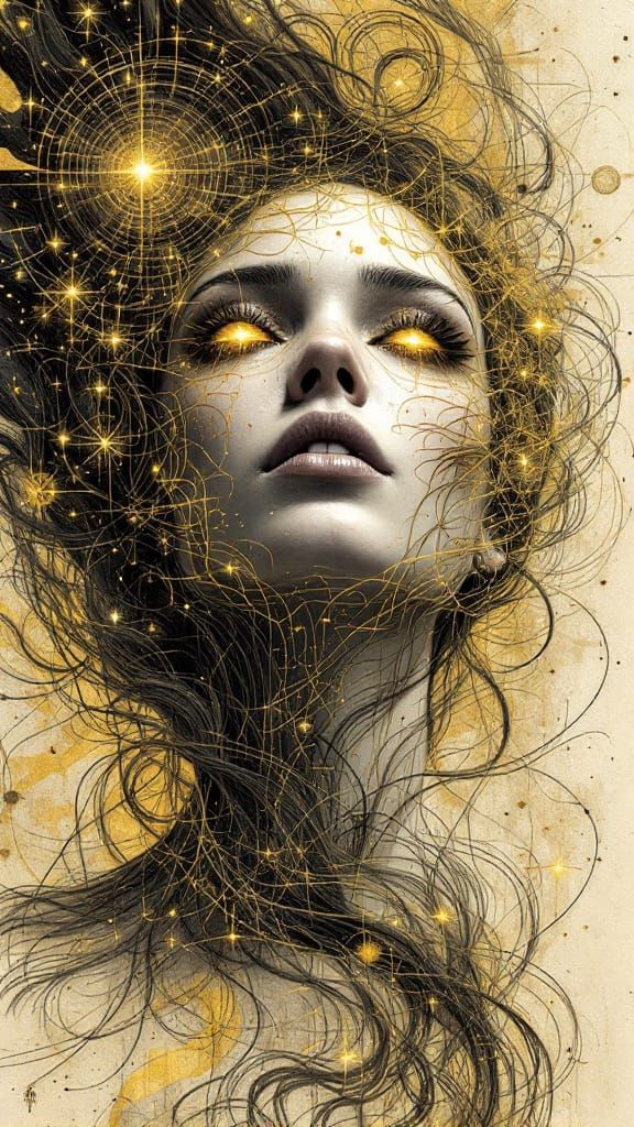 Prophetic Portrait: Ancient AI Artist's Golden Ink Creation