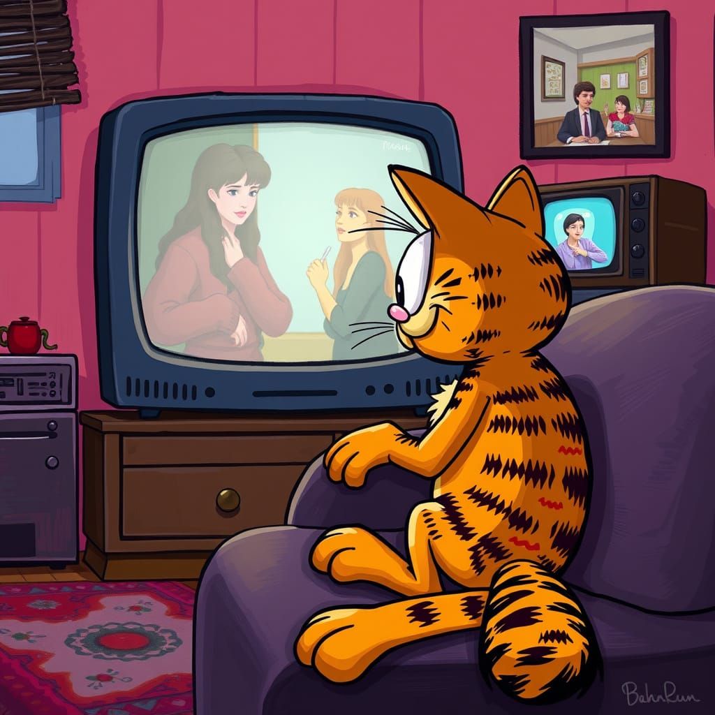 Garfield Watches TV in Nostalgic Cartoon Style