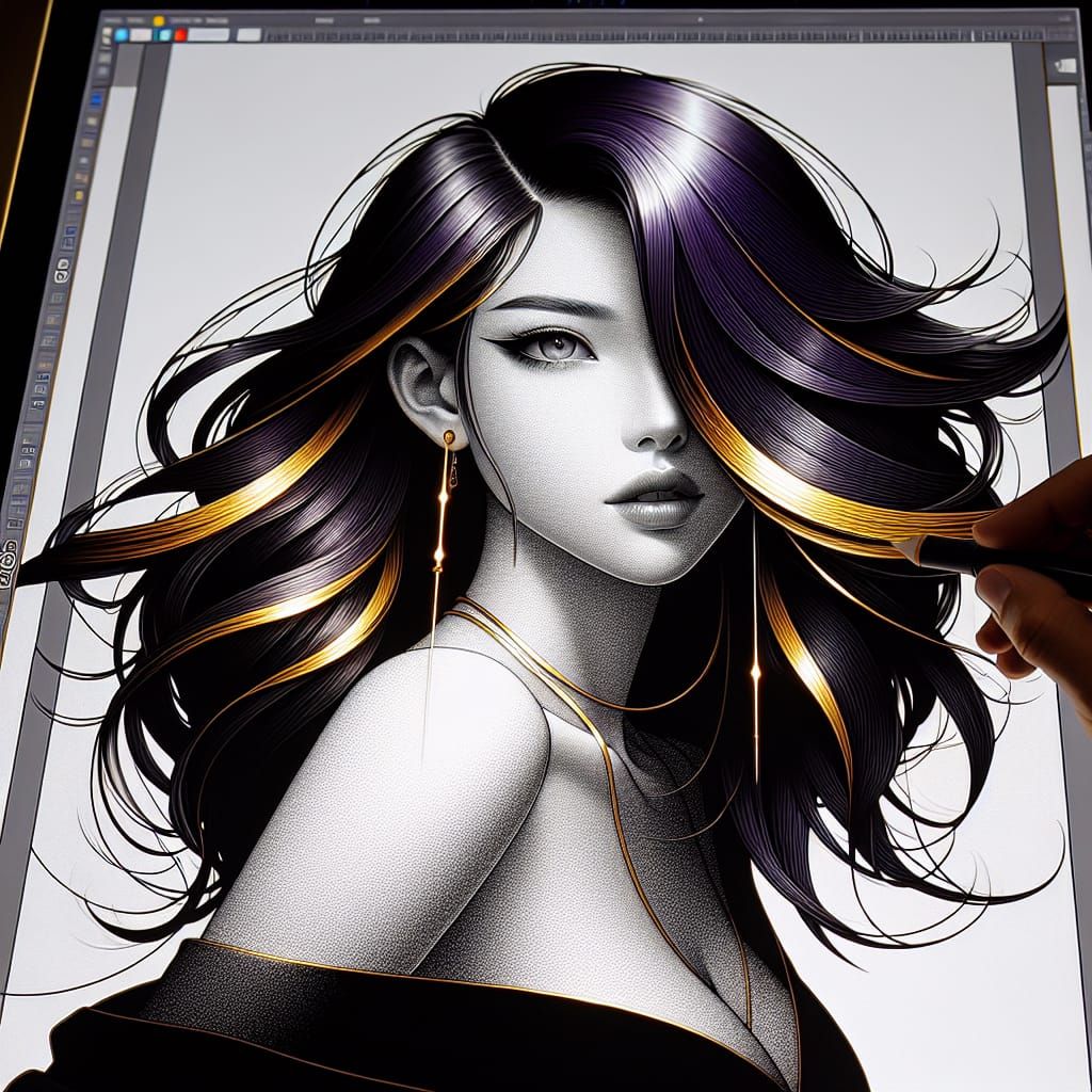 Black ink drawing, gold highlights, beautiful woman with shoulder-length dark purple hair