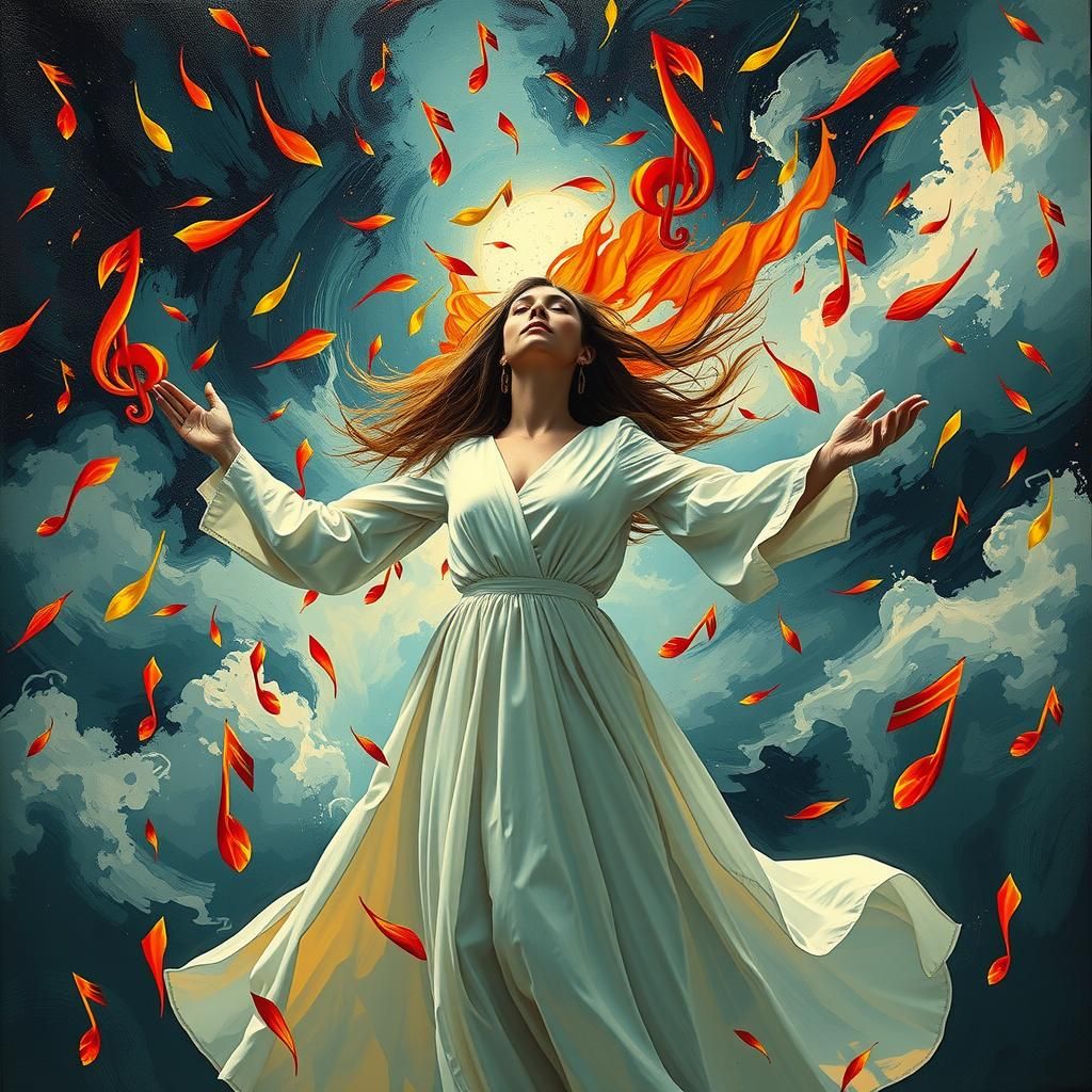 Woman in Storm of Music Notes, Rothko-Basquiat Style