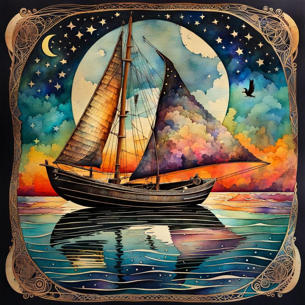 Watercolor Raven on Vintage Sailboat at Moonrise