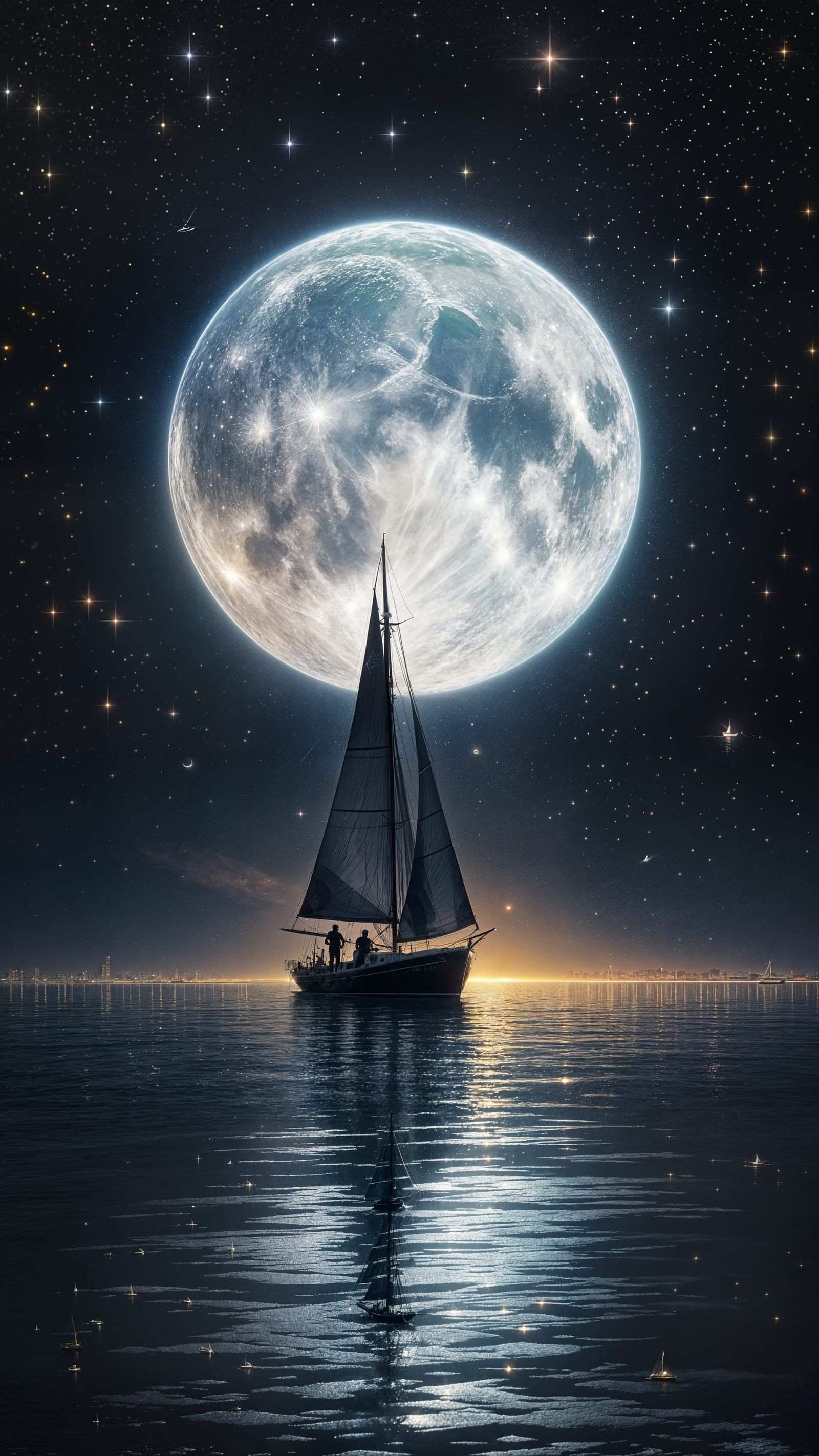 Sailboat under a Sparkling Full Moon
