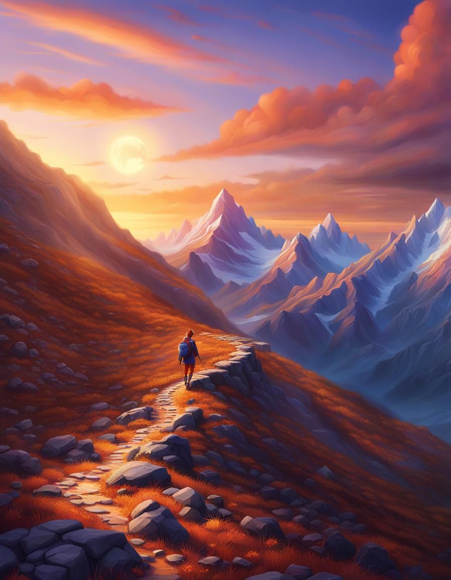 Mountaineer Goddess Ascends Mountain Path at Sunset