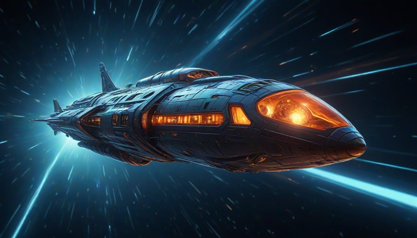Cyberpunk Spacecraft Soars Through Distorted Cosmos