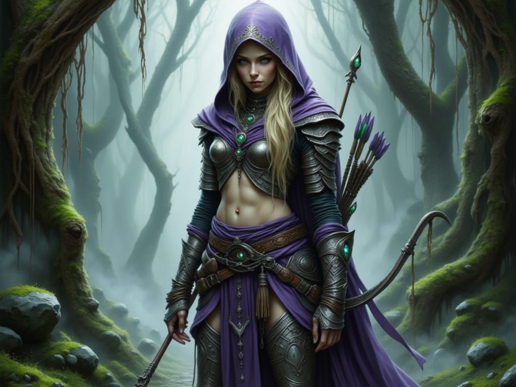 Elven Archer in Misty Forest, Fantasy Character Art