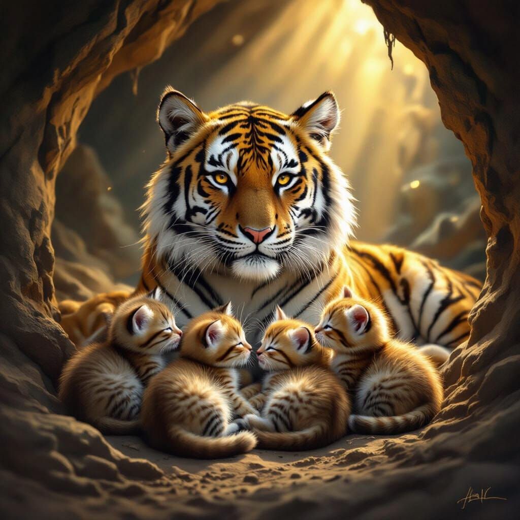 Tigress Nurtures Kittens in Luminous Cave