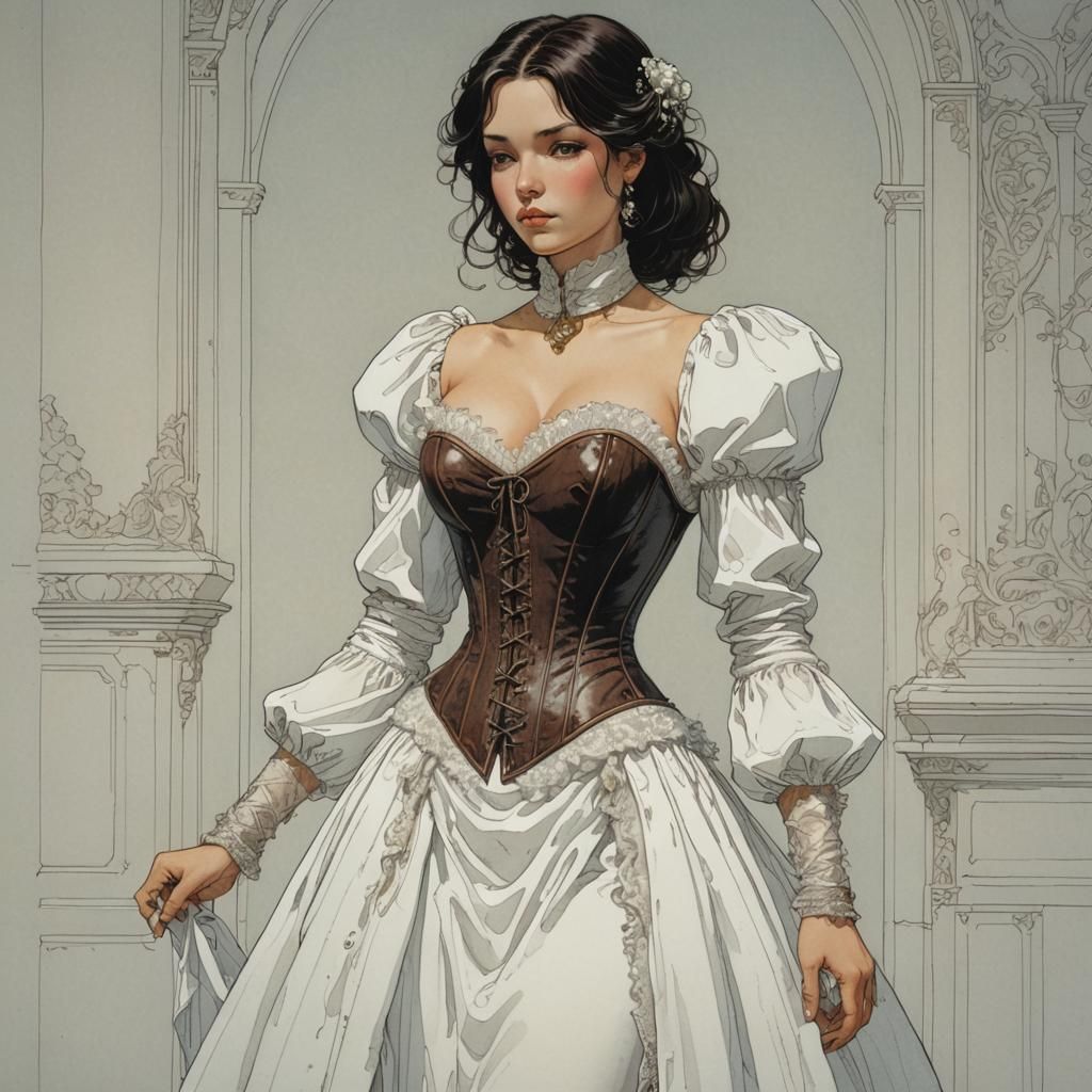 Woman in Corset Dress, Moebius Style Art