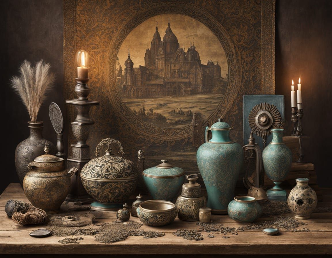 Antique Objects Collection on Dusty Table