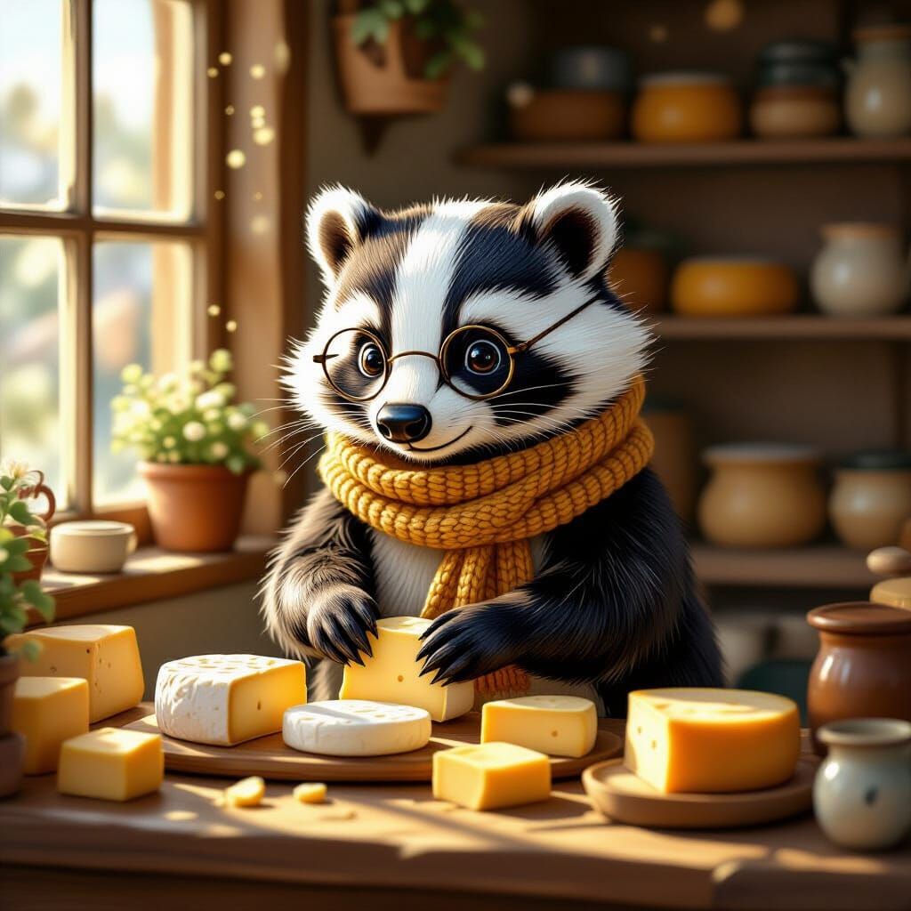 Anthropomorphic Badger Arranges Cheese in Cozy Shop