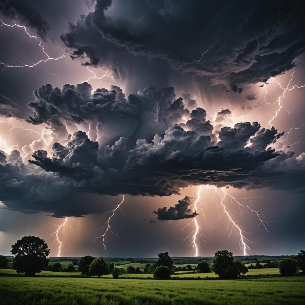 Ominous Rural Landscape Engulfed in Dramatic Thunderstorm