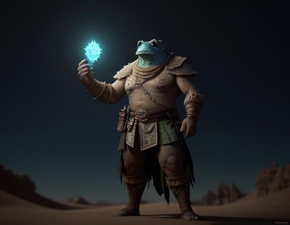 Bullywug Spellcaster in Desert Landscape, 3D Cinematic