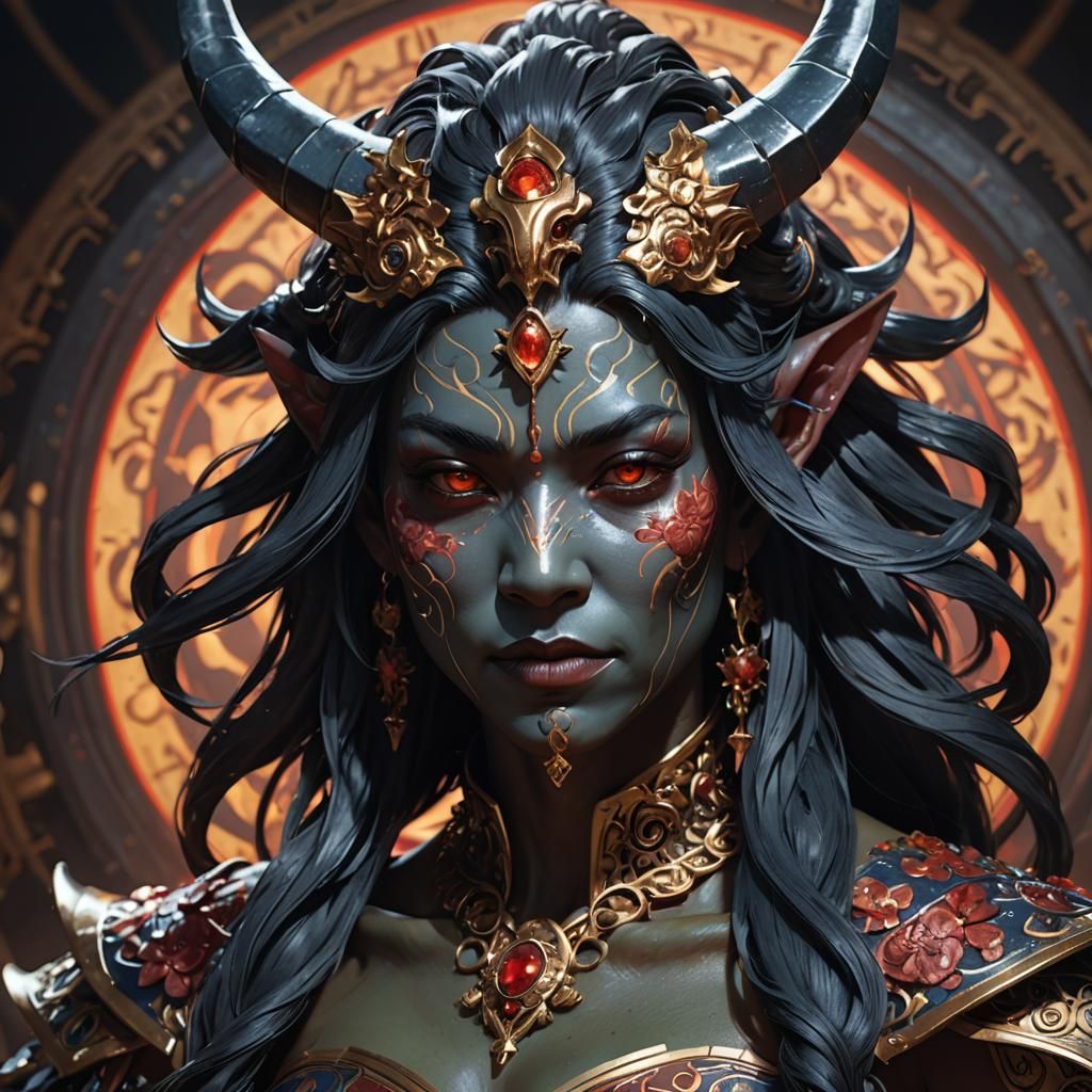 Oni Mask Portrait in Art Nouveau Style