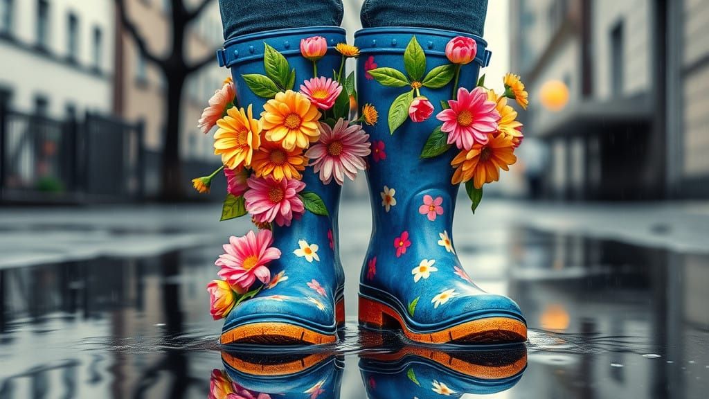 Mystical Boots in a Rainy Urban Landscape