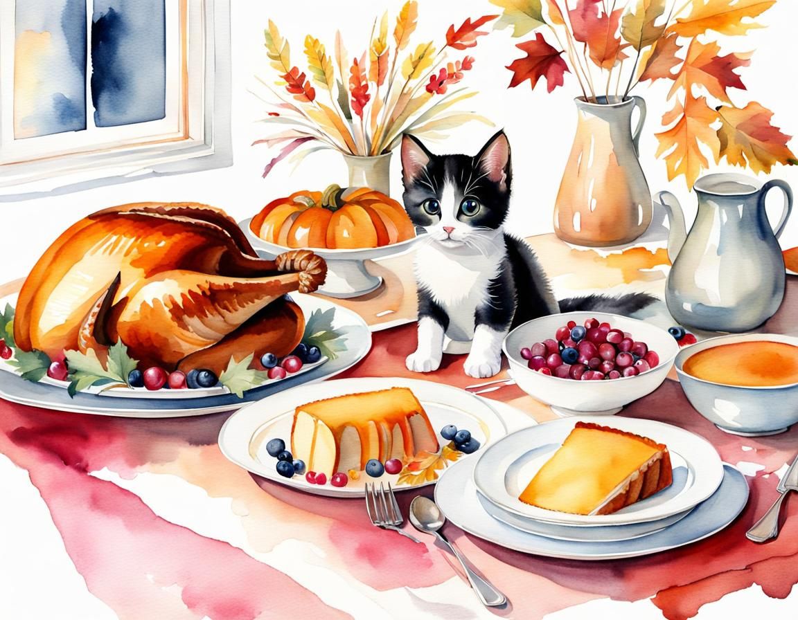 Thanksgiving Table with Kitten in Watercolor Style