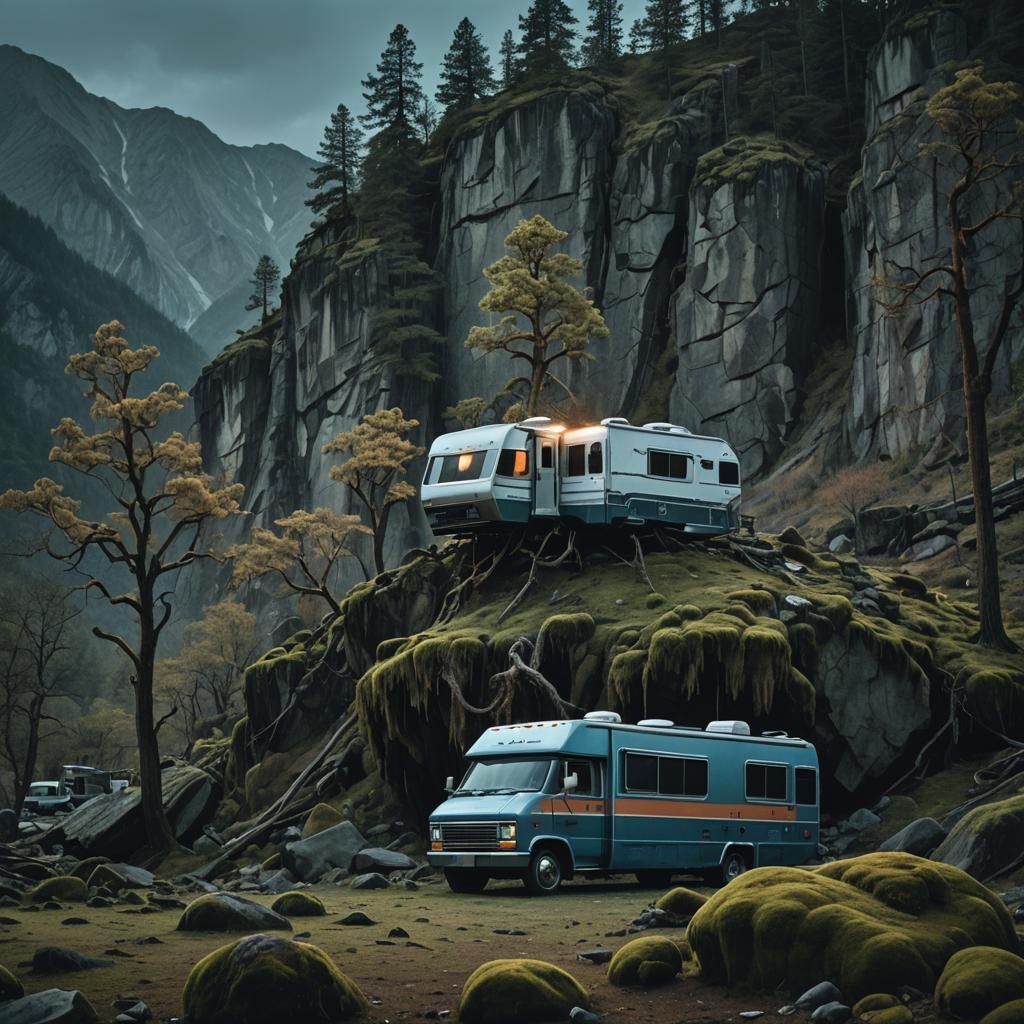 Eerie Dystopian RV in Mountain Range at Dusk