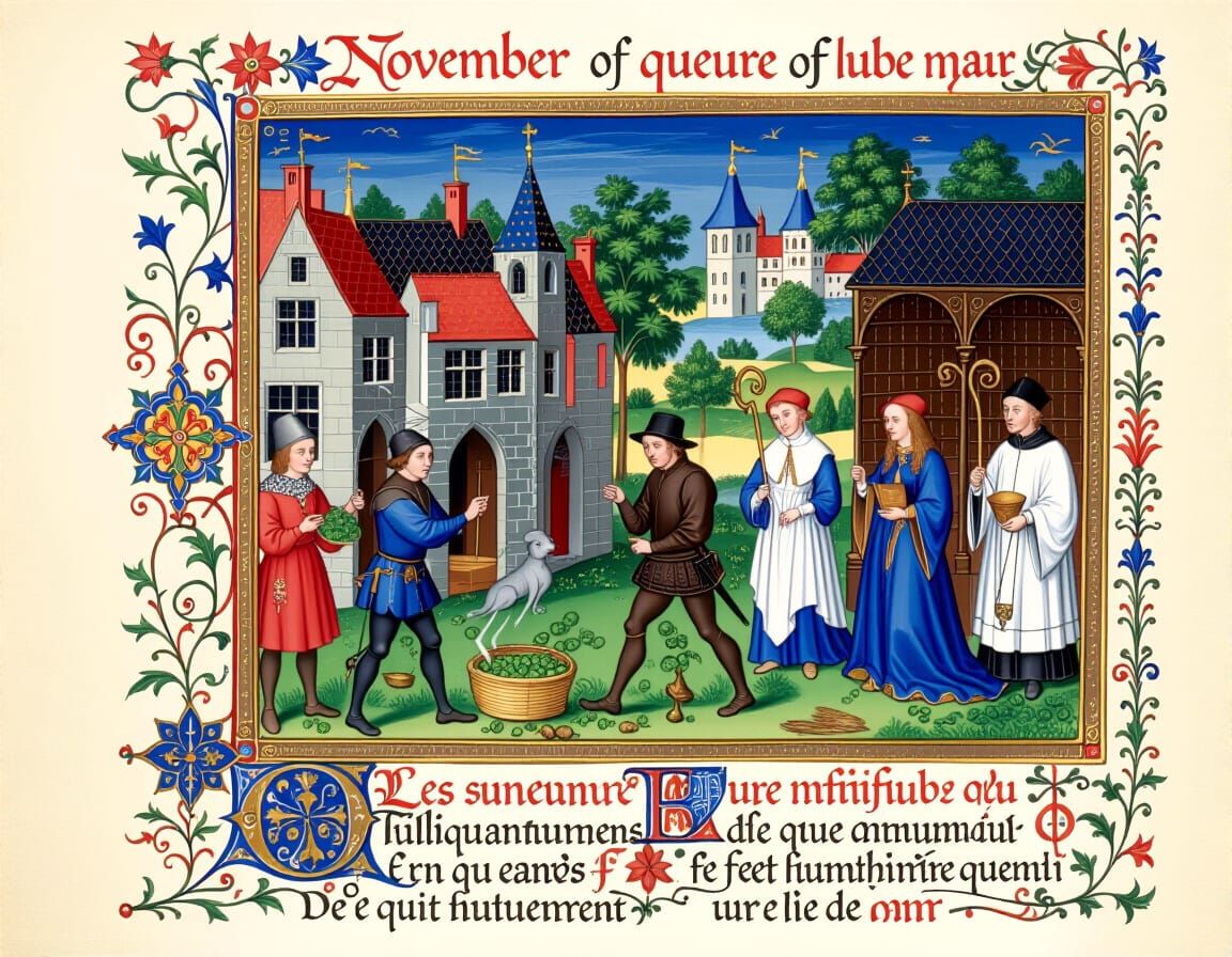 November Medieval Life Illustration in Duc de Berry Style