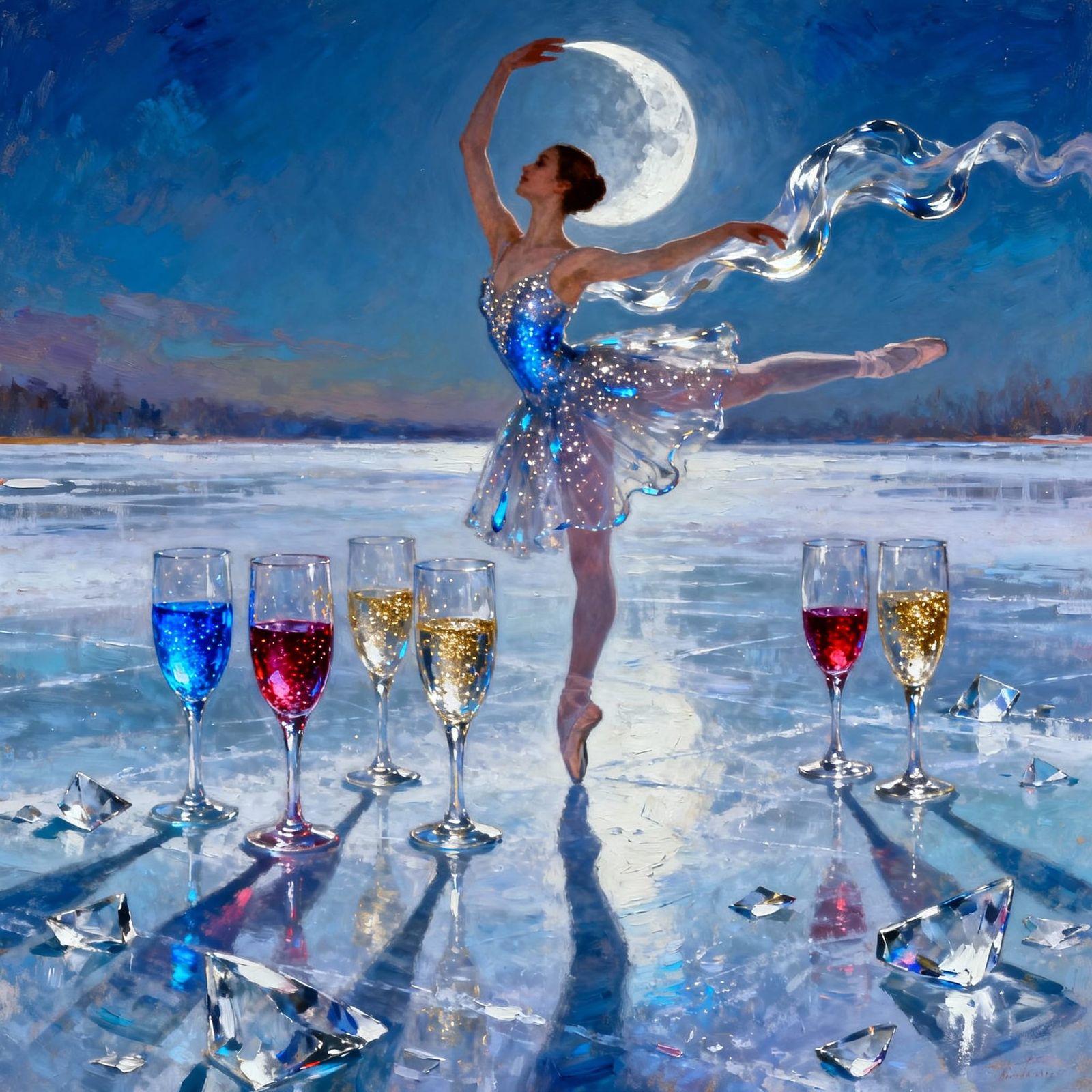 Ballerina's Champagne Glass Dress on Ice Rink