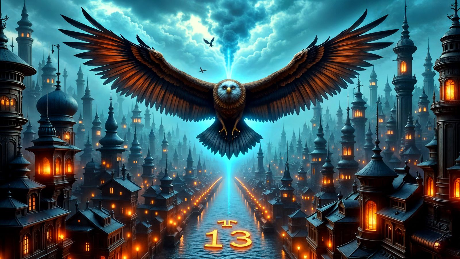 Steampunk Mechanical Eagle Soars Over Flaming Number 13