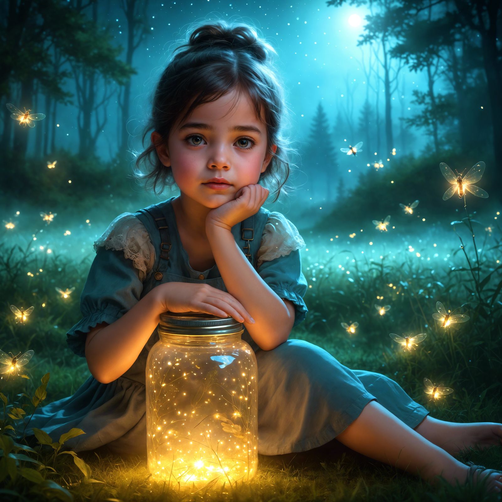 Magical Forest Portrait with Fireflies as Oil Painting