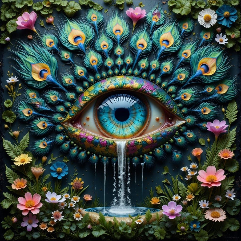Surreal Hyperrealistic Peacock with Human Eye in Mystical La...