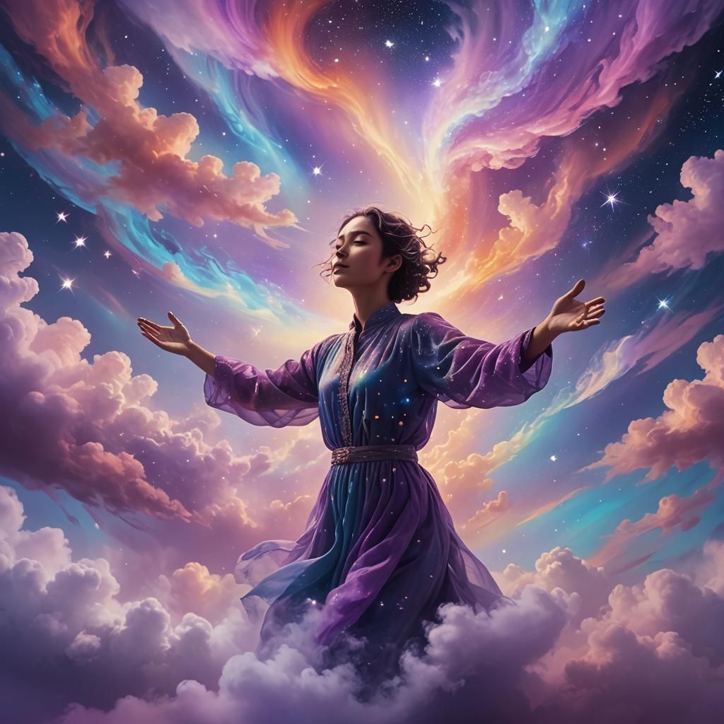Ethereal Concept Art: Person Floating in Clouds