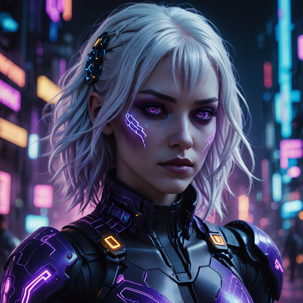 Cyberpunk Cyber Demon Girl in Radiant White Hair and Neon Ac...