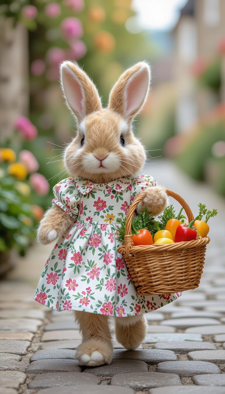 Felted Bunny with Vegetables in Beatrix Potter Style