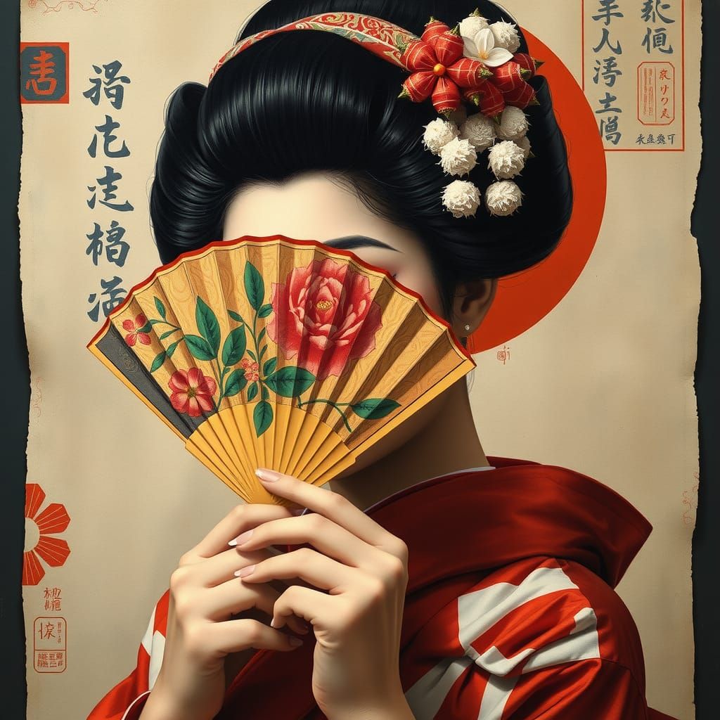 Geisha with Fan in Ukiyo-e Style Splash Art