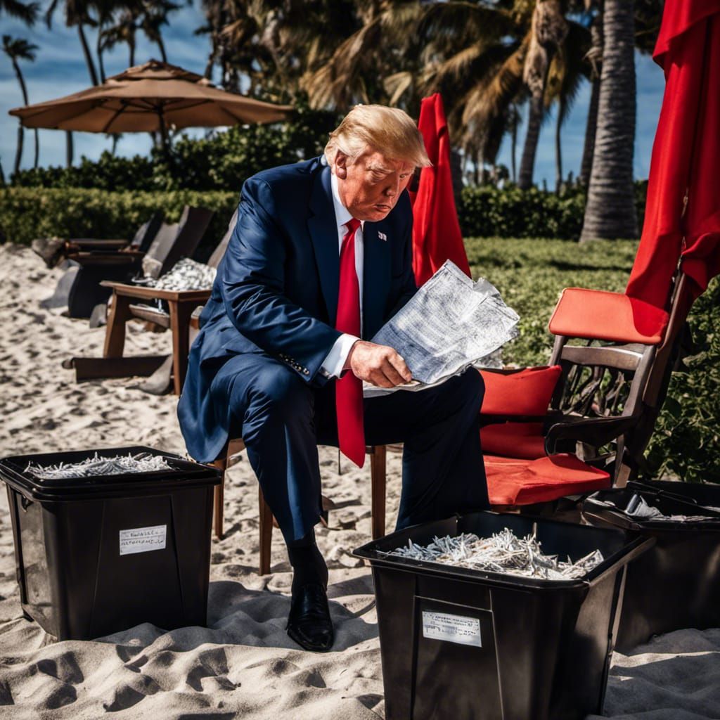 Depressed Man Shredding Documents on Beach, Hyperrealistic
