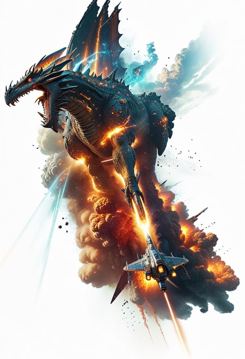 Spaceship Dragon Battle in Nebula Clouds