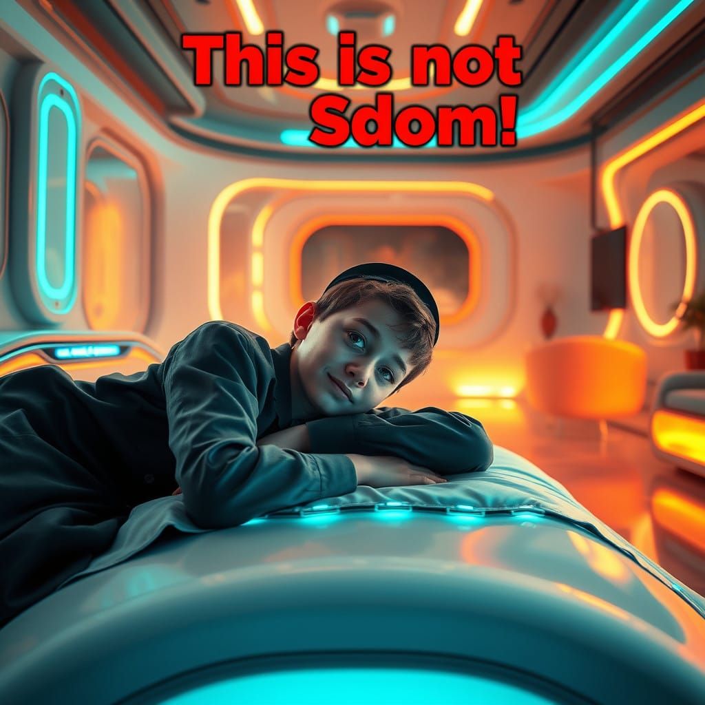 Haredi Boy Reclines on Futuristic Bed with Radiant Accents