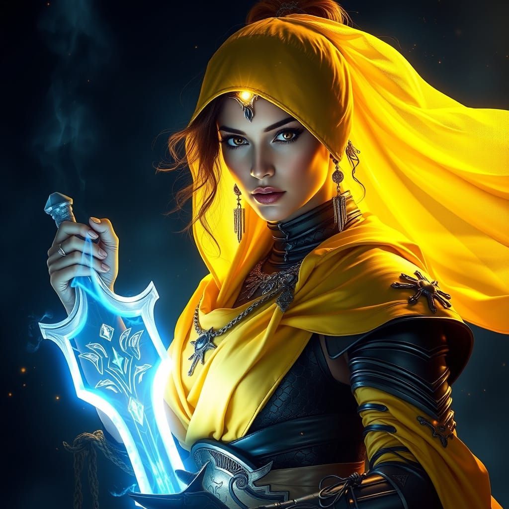 Armored Woman with Flaming Sword in Duotone Surrealism