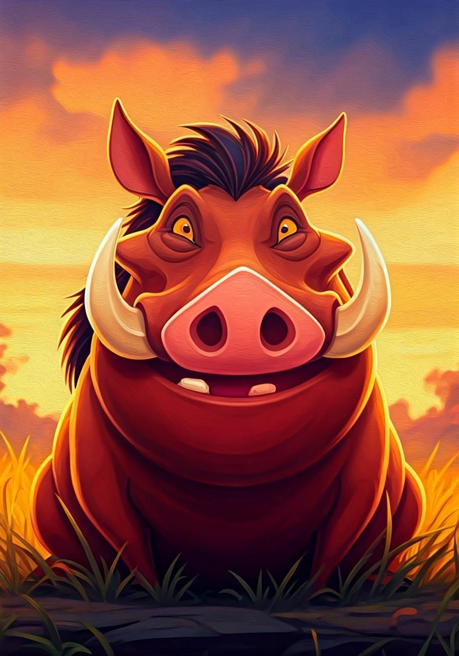 Pumba Warthog Witnessing a King's Birth as Gouache Painting