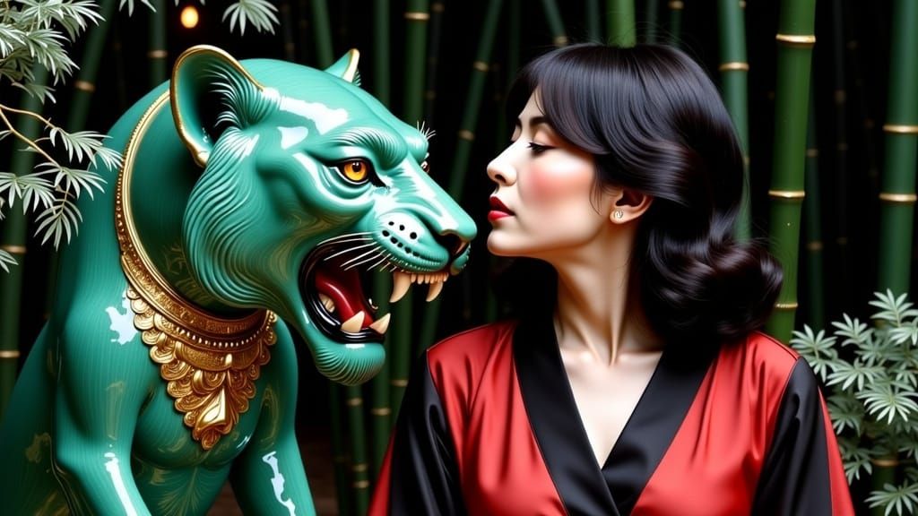 Elegant French Woman Beside Emerald Tiger Sculpture