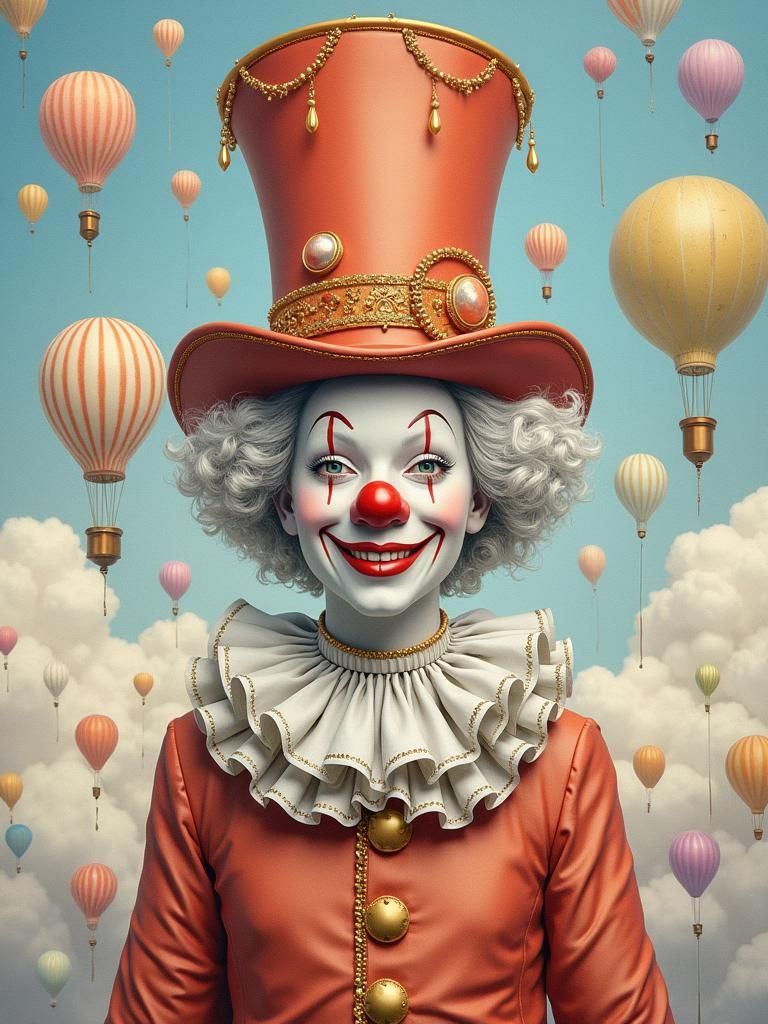 Happy Clown in Sky with Balloons, Surrealist Drawing