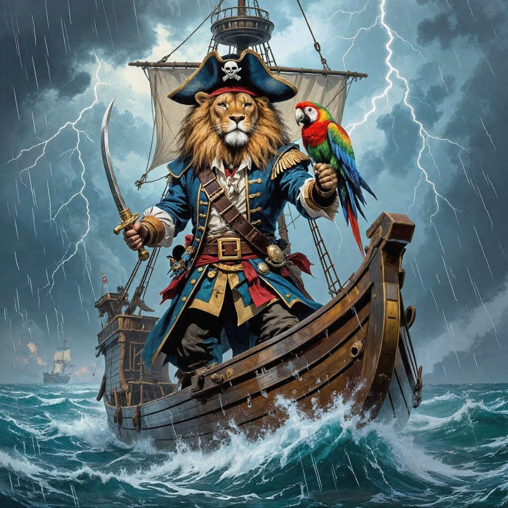 Pirate Lion on Stormy Seas in Dark Fantasy Style