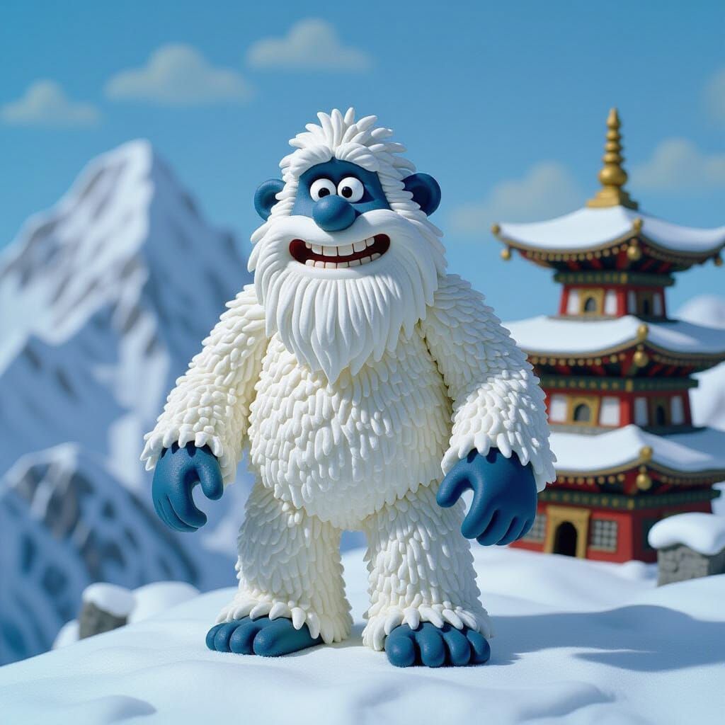 Yeti in Claymation Style on Snowy Mountain