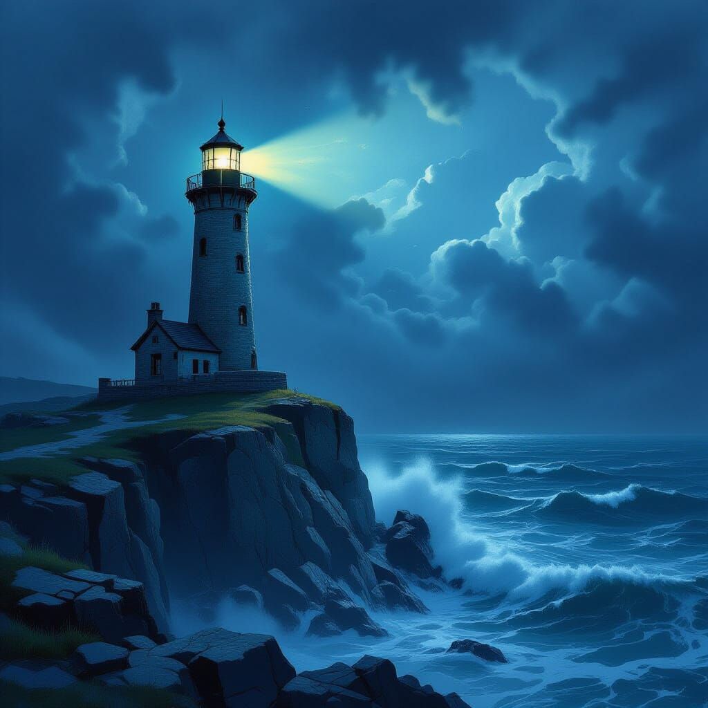 Lone Lighthouse in Stormy Sea Dark Fantasy Art