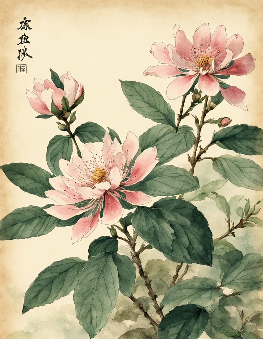 Antique Japanese Botanical Print in Watercolor Style