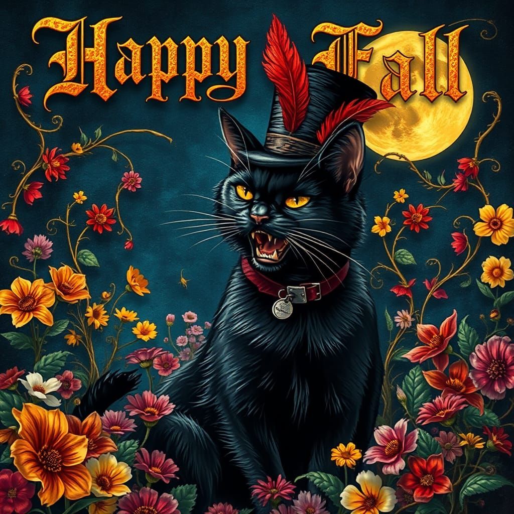 A wicked black cat with snarling teeth wearing a worn leather collar with a tiny gleaming silver nameplate