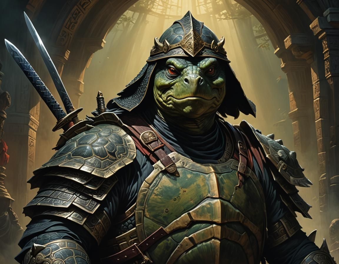 Detailed Turtle Samurai Portrait with Volumetric Lighting