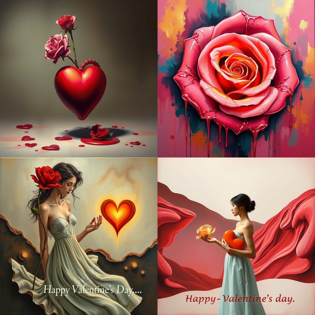 Surreal Valentine's Day Card with Melting Heart and Rose