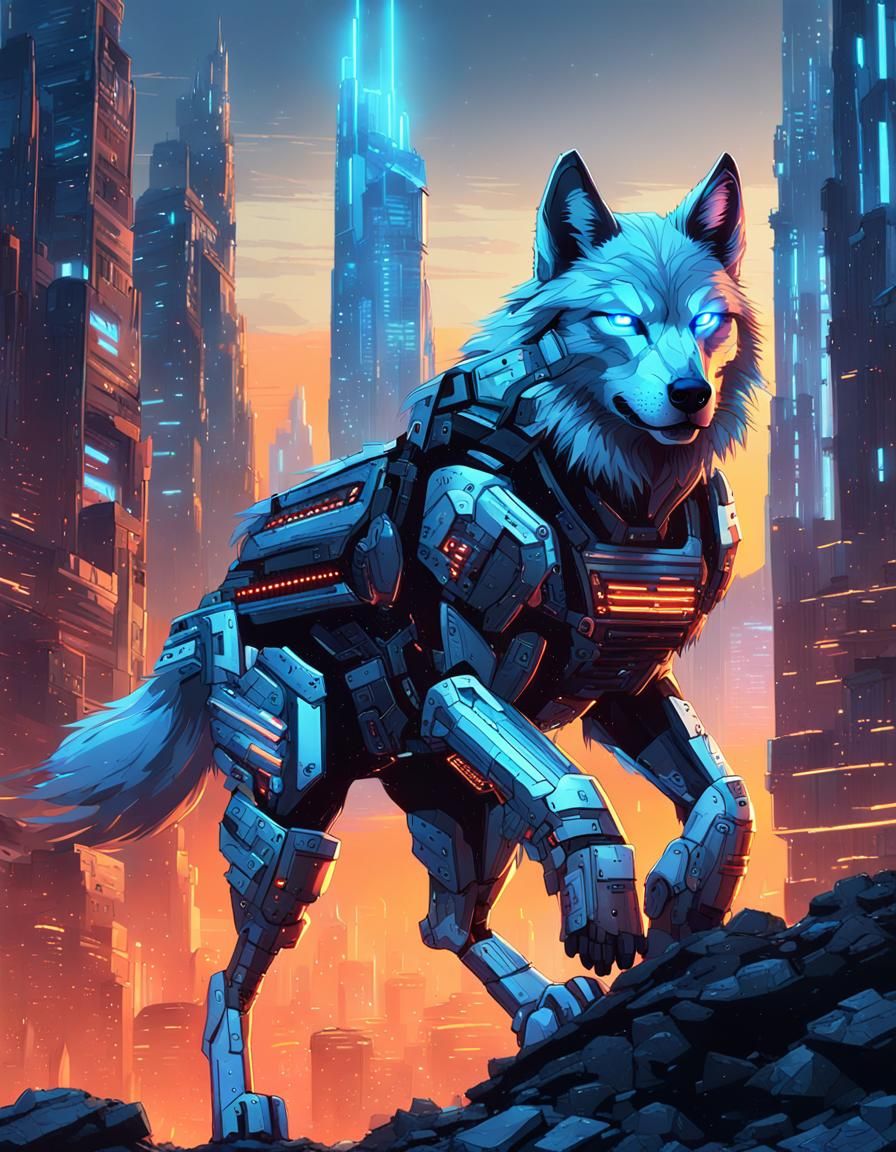 Cyborg Wolf in Ruined Neon Cityscape