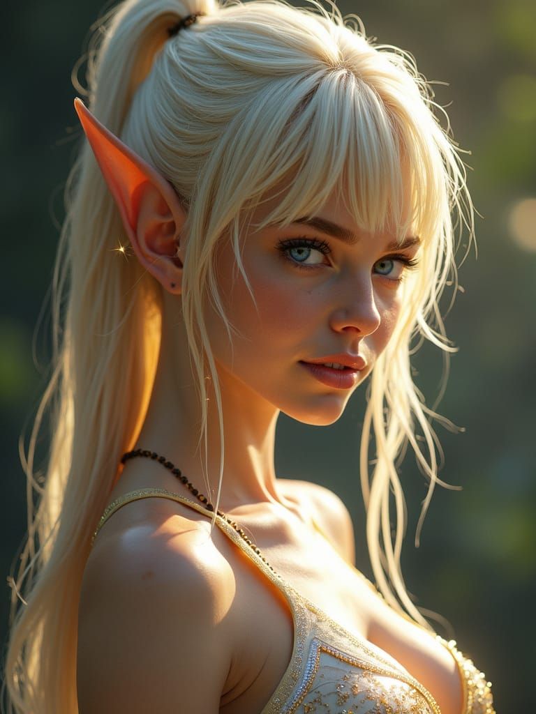 Ethereal Female Elf in Latex Bodysuit Radiates Soft Glow