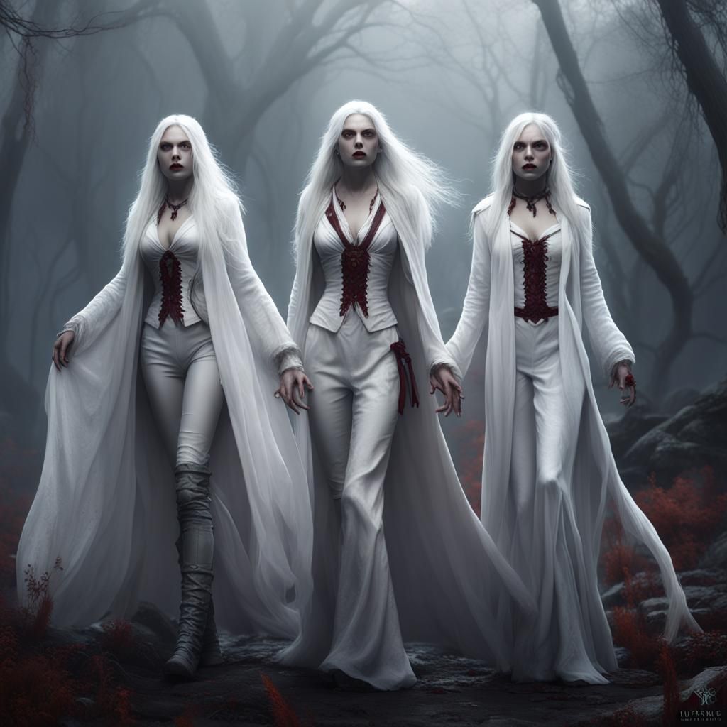 Ethereal White Lady Vampires in Misty Fantasy Art