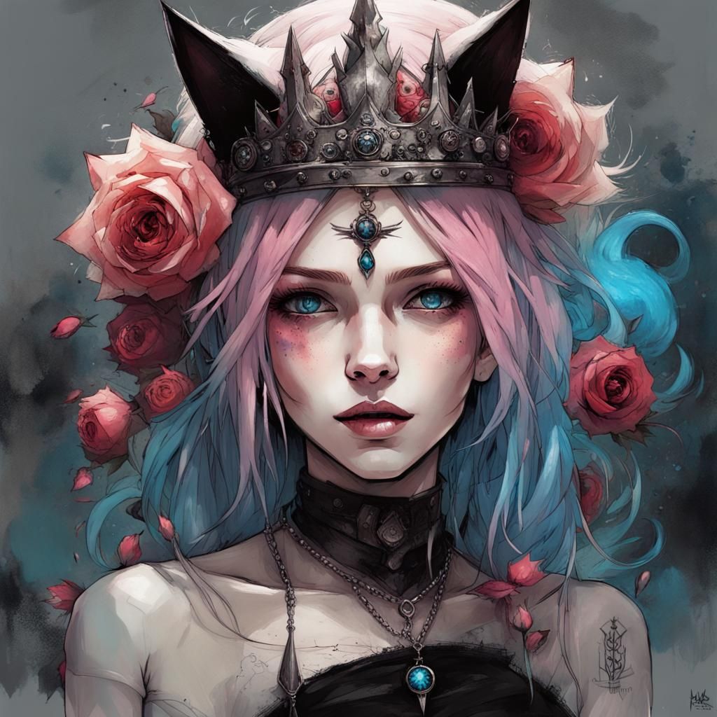 Gothic Cat-Girl with Rose Crown in Dark Fantasy Style
