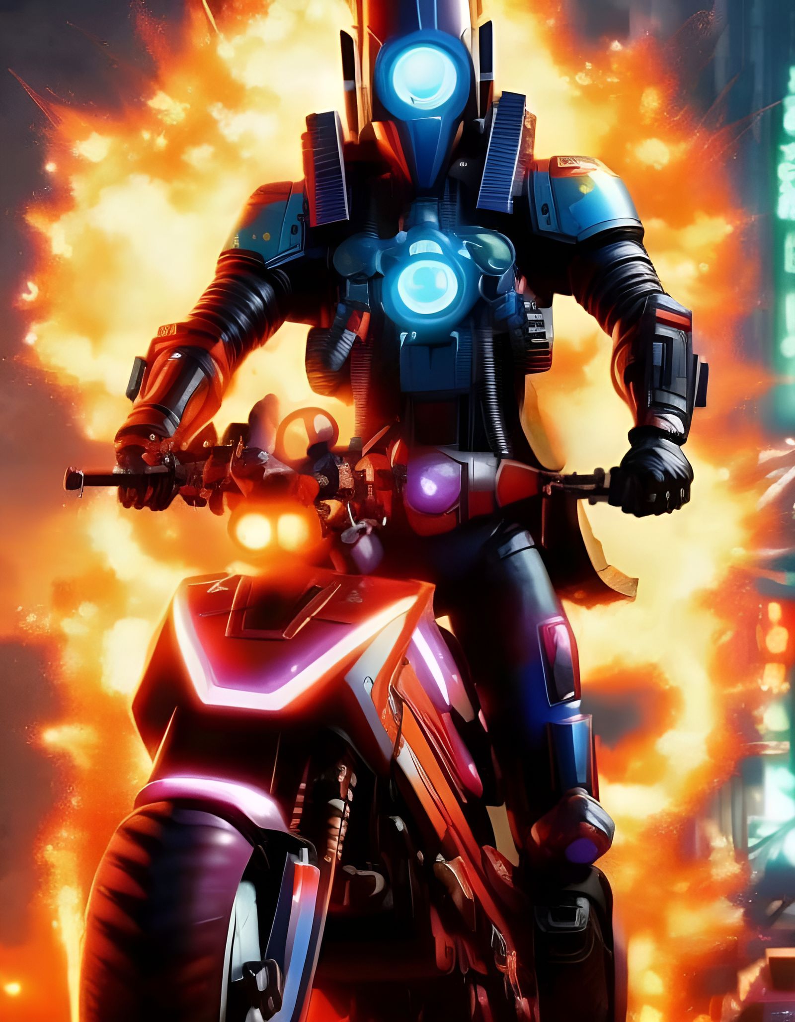Cyberpunk Biker Rides Through Burning Neo-Tokyo